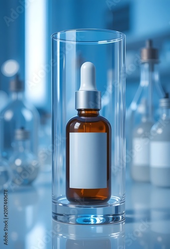 Glass bottle with dropper in laboratory setting, close-up view