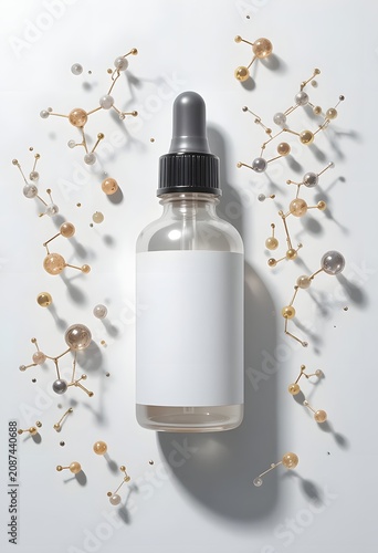 Dropper bottle with essential oil surrounded by dried botanical petals on white background