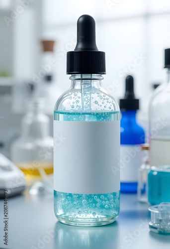 Glass dropper bottle with blue liquid on laboratory counter