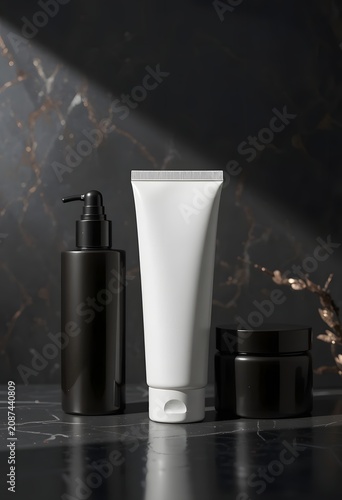 Empty white cosmetic tube with silver cap on dark reflective surface in soft lighting