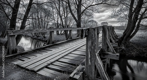 Rustic wooden bridge crossing tranquil water in moody black and white landscape