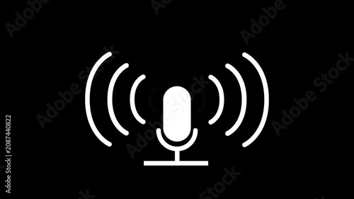 Animated white microphone icon with sound waves on a black background. Ideal for podcast, voiceover, radio, and media themes.