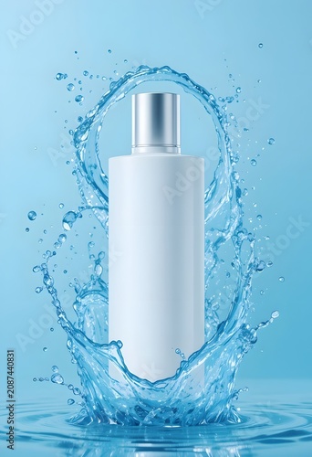 Splashing Water Bottle on Blue Background