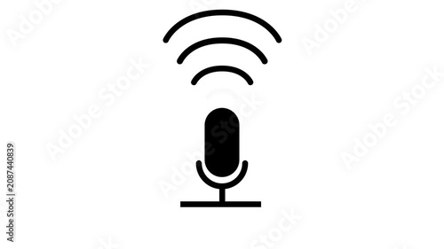 Animated black microphone sending broadcast signal waves upwards on a white background. Great for radio, streaming, and podcasts.