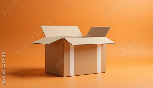 Open cardboard box on orange background, empty packaging