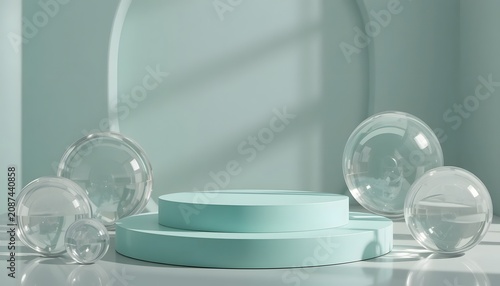 Glass orbs on teal podiums, minimalistic setup