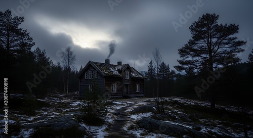 Rustic wooden cabin in dark forest setting with smoking chimney at dusk
