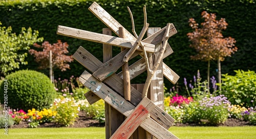 Rustic wooden garden sculpture amidst vibrant floral landscape