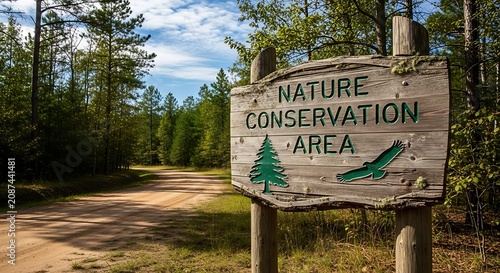 Rustic wooden sign indicating nature conservation area with forest background