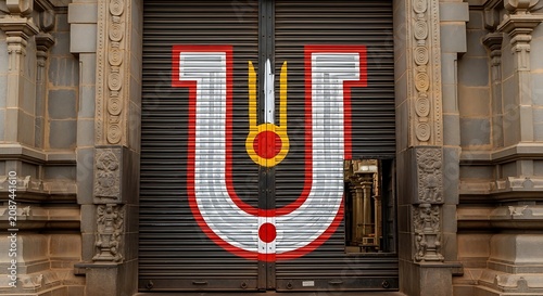 Sacred symbol on ornate temple doorway structure
