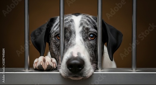 Sad dog looking through cage bars animal shelter hope