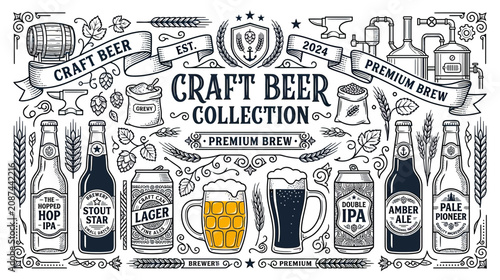Tableau sur toile Craft Beer Collection: Bottles, Cans, Glasses, Brewery Equipment, Ingredients