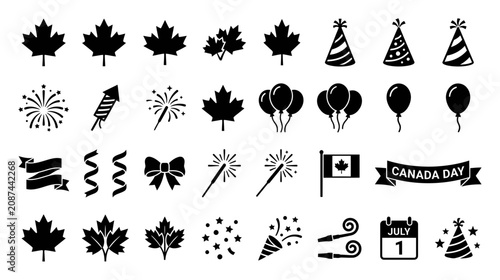 Foto Canada Day Icons: Maple Leaves, Balloons, Fireworks, Party Hats, Flag, Calendar