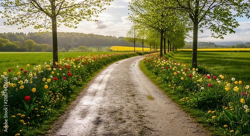 Scenic country road lined with blooming tulips and lush green trees