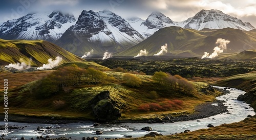 Scenic mountain landscape with steaming geothermal vents and a flowing river