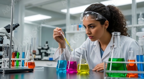 Scientist performing chemical experiment with colorful liquids in laboratory glassware