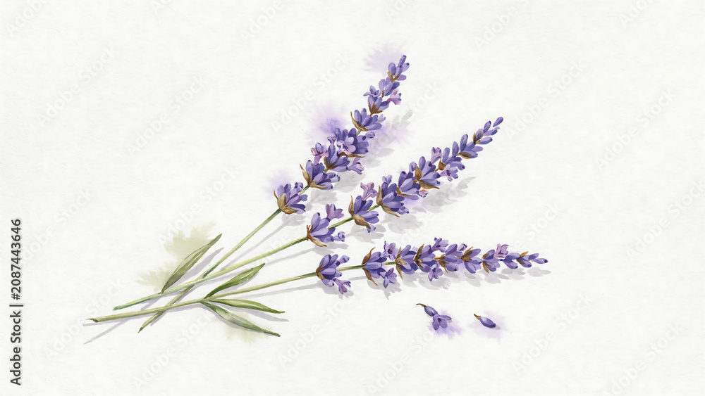 Fototapeta premium Watercolor painting of purple lavender flowers on a white background, isolated on a, transparent background