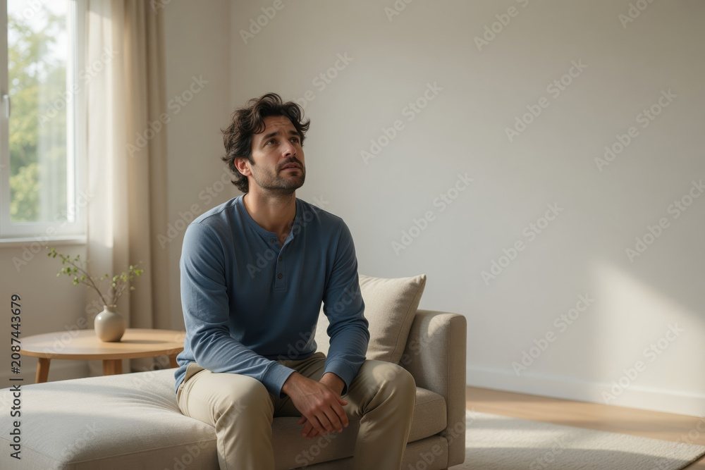 Fototapeta premium Thoughtful man living room sofa natural light casual clothing blue shirt beige pant modern interior window daytime mood Male mental health support concept