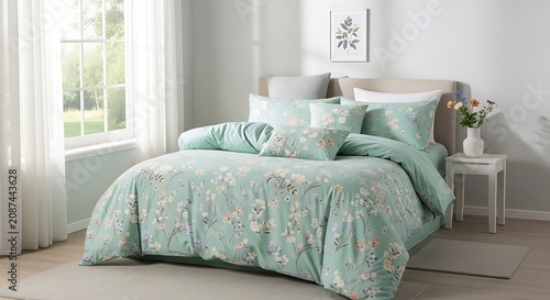 Serene bedroom interior with floral bedding and natural light