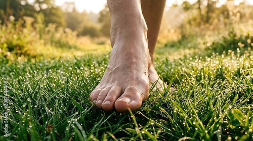 Close up of bare feet stepping gently on lush green grass with morning dew drops for grounding wellness concept