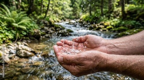 Close up of hands cupping crystal clear mountain spring water with splashing drops for pure hydration concept