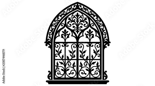 Canvastavla Black Ornate Gothic Arched Window with Intricate Cast Iron Scrollwork, Isolated White Background