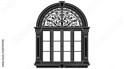 Fotografía Grand ornate arch window with intricate ironwork and decorative pillars, classic architectural facade element, isolated white background