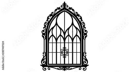 Detailed gothic arched window with intricate tracery and grille, medieval architecture element, isolated white background.