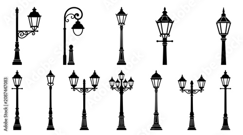 Foto Assortment of vintage street lamps and lampposts silhouettes, antique outdoor lighting collection, isolated white background
