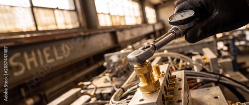 Industrial mechanic hand torque wrench calibration on brass hydraulic manifold valve in factory workshop, precision engineering maintenance and quality control check for manufacturing industry.