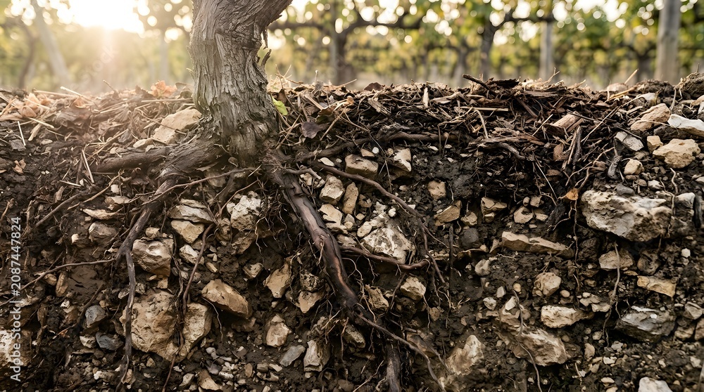 Obraz premium Old grapevine trunk with visible gnarled roots embedded deep into rocky soil showing natural texture and earthy brown organic tones