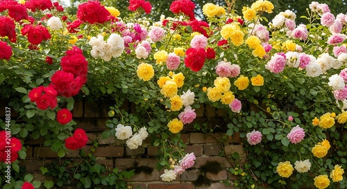 Vibrant climbing roses in full bloom outdoors with brick wall background