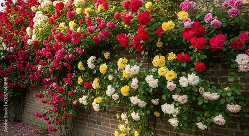 Vibrant climbing roses in full bloom against a brick wall outdoor garden