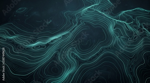 Abstract Green Glowing Topographic Contour Lines Background