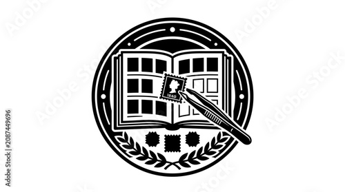 Education logo with book and quill.