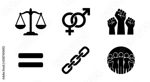 Human rights icon set, social justice and equality vector symbols, black flat design elements