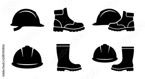 Fotografie Safety Gear Icons: Hard Hats and Work Boots, Industrial Protection Vector Set