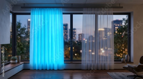 Elegant glowing blue sheer curtains hang gracefully in front of a modern large glass window with soft ambient evening lighting