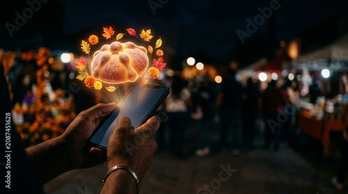 Man using smartphone to project holographic bread of the dead. Mexican Day of the Dead celebration with virtual augmented reality food display. Traditional artisan bakery concept for holiday.