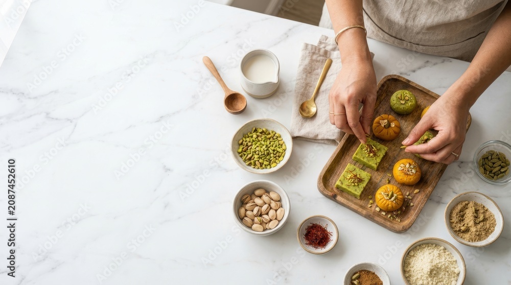 Obraz premium Woman confectioner decorating traditional Indian sweet dessert on wooden tray. Making artisanal treats with pistachio, saffron and cardamom. Culinary craft and hobby concept for food blog.