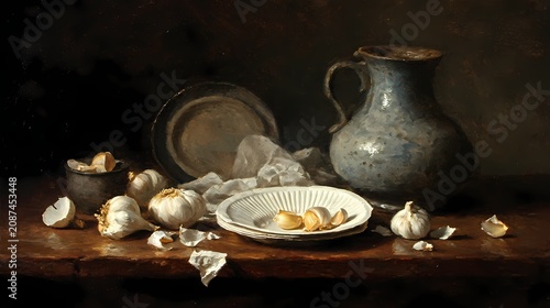Garlic bulbs sit on a wooden kitchen table.