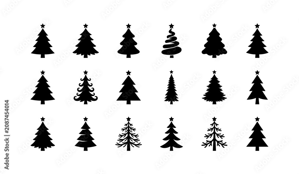 Obraz premium Christmas tree icons set, xmas trees with star and ornaments black silhouette, winter holidays symbol, traditional spruce in flat design, festive fir collection isolated on white background.