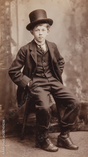 Boy wearing a top hat sits for a portrait.