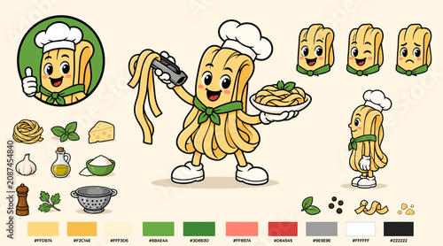 Foto Cartoon Pasta Character Holding Dish and Ingredients.