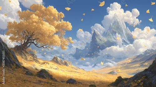 Mountains rise above a golden autumn forest.