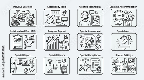 Special education and inclusive learning doodle icons set.