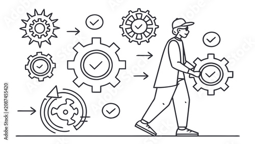 Business process automation and efficiency workflow concept line art