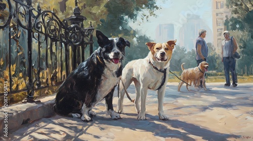 Dogs stand together on a sunny park path.