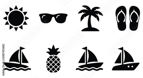 Foto Tropical themed Silhouette Icons Featuring Sun Palm Tree Sailboat And Flip Flops