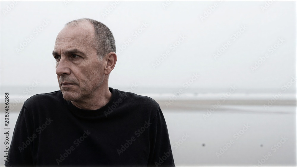 Fototapeta premium Man in black shirt gazes thoughtfully at foggy beach horizon.